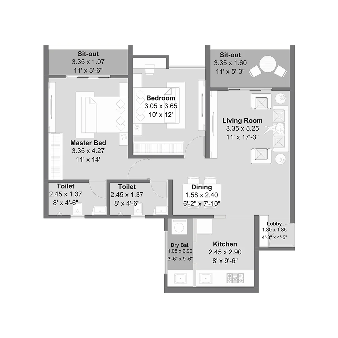 Kohinoor Westview Reserve New Wakad 2 BHK Floor Plan Image